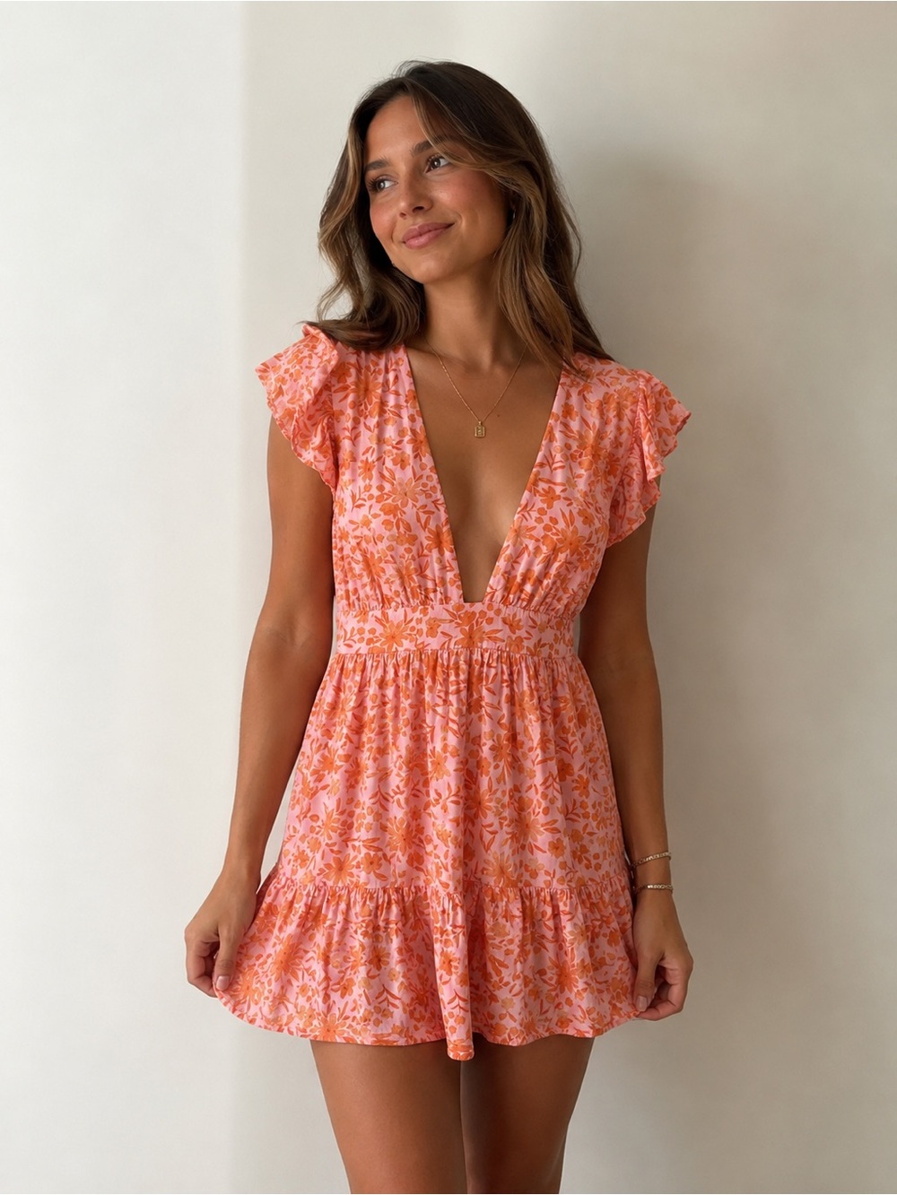 Floral V-Neck Mini Dress in Peach Pink